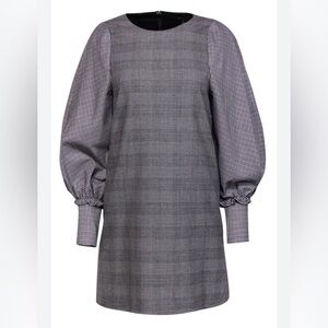 BCBGMaxazria Plaid Shift Dress Long Sleeve Mini Prep Tartan Grey White Large